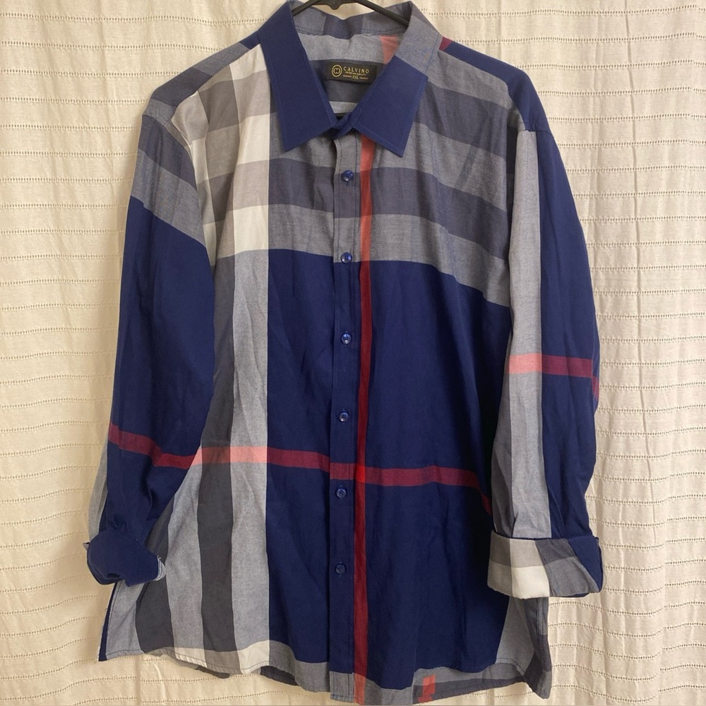 Calvino Men’s Top Button Up Blue Red Plaid Xxl Collared Going Out Party Fall